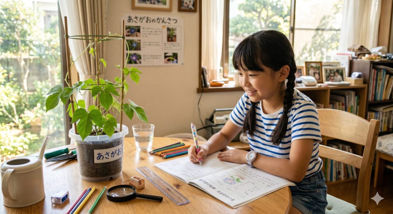 夏休みの自由研究に悩む親子のイラスト